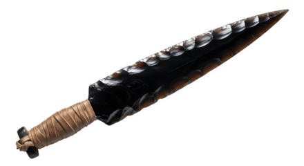 Obsidian knife isolated on transparent background, a sharp tool made of volcanic glass, used by ancient cultures for cutting, hunting, and ritual purposes