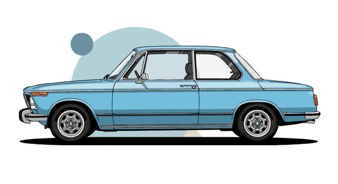 Flat vector side view of a vintage BMW 2002 car, painted in light blue with chrome details