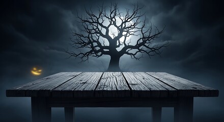 Eerie halloween scene with a gnarled tree, wooden table, and faint jackolantern under a full moon