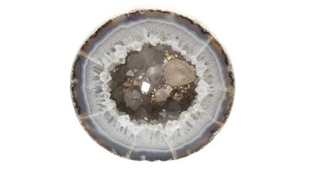Agate geode slice isolated on transparent background, showcasing the natural beauty of mineral formations with intricate patterns and crystal inclusions