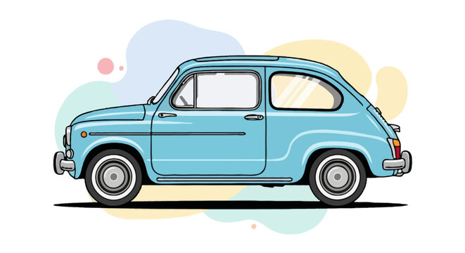 Flat vector side view of Fiat 600 vintage car, pastel blue with chrome accents