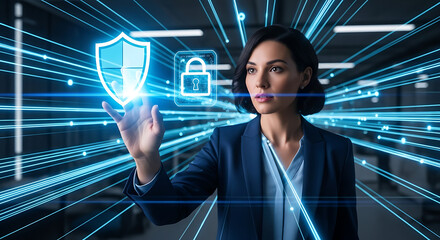Cybersecurity Businesswoman Using Futuristic Digital Interface