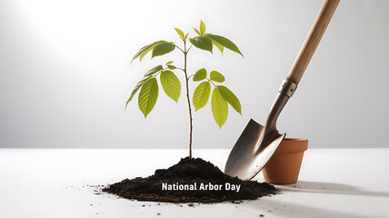 A young sapling planted in soil with a shovel and pot nearby, celebrating National Arbor Day.