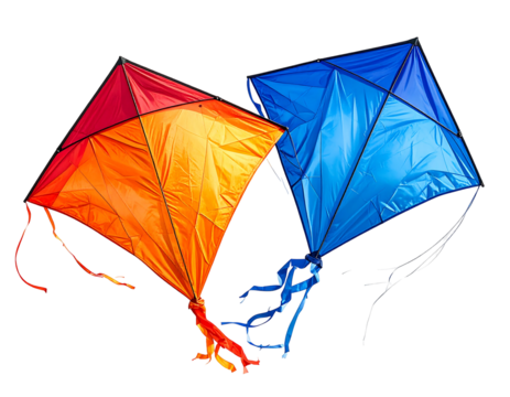 Two colorful kites, orange and red, blue, diamond shapes, against black background
