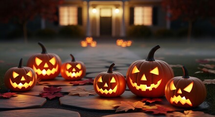 Obraz premium Lit jackolanterns line a stone path to a warmly lit house at dusk surrounded by autumn leaves
