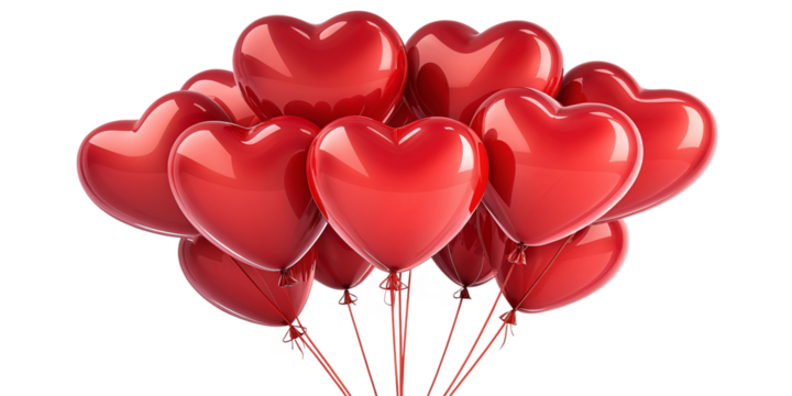 Glossy Red Heart Balloons Floating on Transparent Background – 3D Render for Valentine's Day
Shiny Heart-Shaped Balloons in 3D Style – Romantic Design Element with Transparent Background
