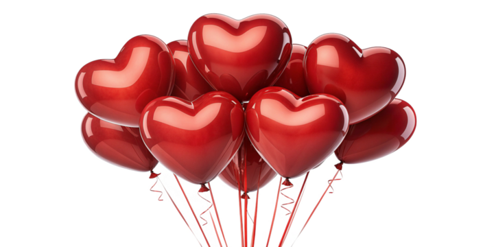Glossy Red Heart Balloons Floating on Transparent Background – 3D Render for Valentine's Day
Shiny Heart-Shaped Balloons in 3D Style – Romantic Design Element with Transparent Background