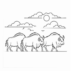 Fototapeta premium Illustrative Depiction of Bison Herd Walking Under a Cloudy Sky in a Peaceful Setting