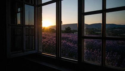 Fototapeta premium Lavender Field Sunset Provence . Nature Concept. Generated Image