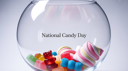 A glass bowl filled with colorful candies celebrating National Candy Day