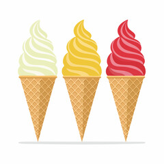 Delicious Vector Ice Cream Cones Lemon, Mango, and Raspberry Flavors on White