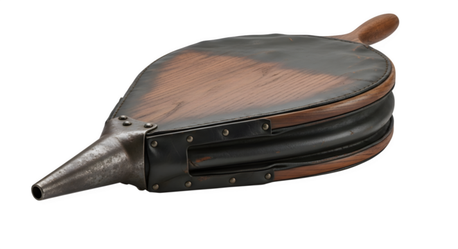 Antique bellows isolated on transparent background, a vintage tool used for blacksmithing, featuring wood and leather construction, showcasing its historical design