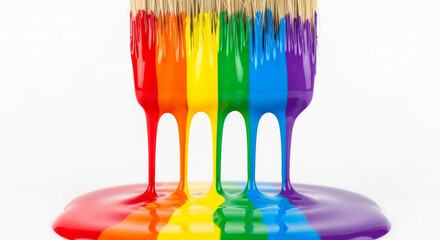 A paintbrush with dripping rainbow paint isolated on white background, creating a vibrant and colorful display of creativity and artistic expression