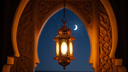 Ornate Islamic Lantern Hanging in an Archway at Night Ramadan decorative isolated on a transparent background