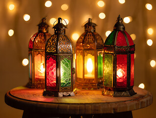 Collection of Colorful Ramadan Lanterns on a Wooden Surface Islamic ornate isolated on a transparent background