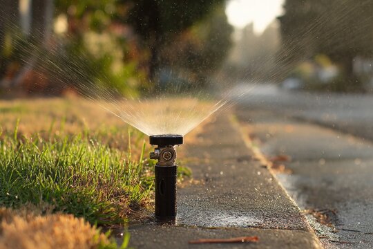 Sprinkler watering a lawn on a sidewalk - Powered by Adobe