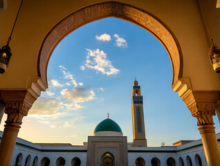 Mosque courtyard with dome and minaret framed by an archway image d5329989 isolated on a transparent background