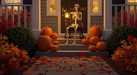Obraz premium Skeleton sits on porch with pumpkins leaves autumn decor