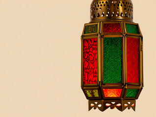 Close-up of a vintage brass and glass lantern with red and green panels lamp antique isolated on a transparent background