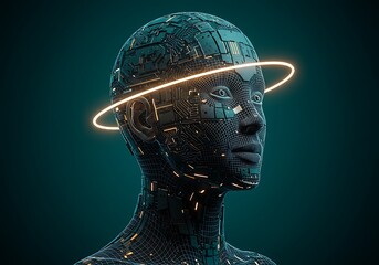 A futuristic, digital rendering of a cyborg head with a glowing halo, set against a dark teal background.