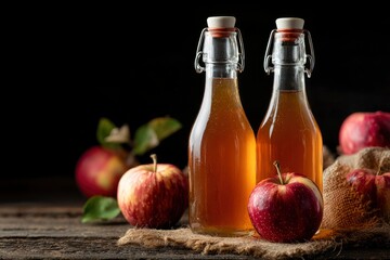 Two bottles of cider sit on burlap with apples on a wooden surface against a dark backdrop