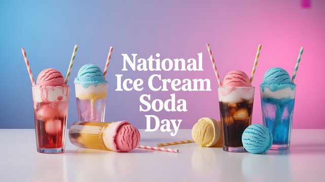 Colorful ice cream sodas in glasses with straws and scoops on a vibrant background celebrating National Ice Cream Soda Day