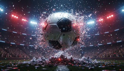 motion scene of Soccer in Stadium, atmosphere, glowing red and blue lights with glistening specular highlights.