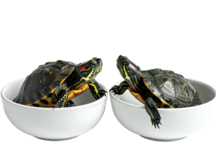 Two small turtles in white bowls, facing each other