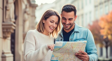 Discovering City Wonders: A happy couple, deeply engrossed in a detailed map, embark on an urban exploration. They're enveloped by the charm of a beautiful city.