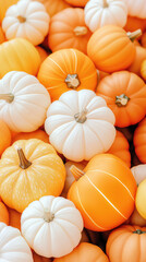 White pumpkin orange pumpkin yellow pumpkin autumn harvest seasonal vegetable festive decoration pile create vibrant and cheerful autumn harvest scene with mix of white orange and yellow pumpkins