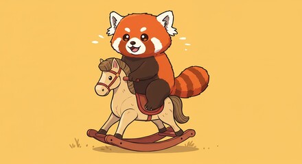 Cute red panda riding rocking horse