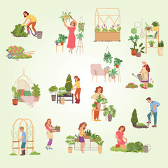 Flat Illustration Various People Gardening Activity and Gardening Equipment Scene