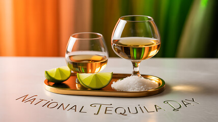 Two glasses of tequila served with lime wedges and salt on a tray, celebrating National Tequila Day