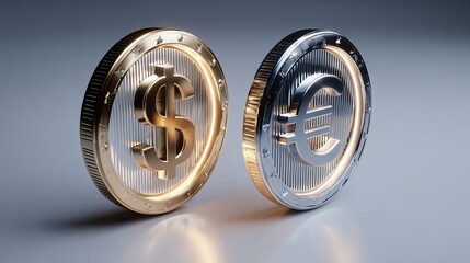 A 3D illustration of two coins floating, one with a dollar sign and the other with a euro sign, with a metallic finish with reflective surfaces, soft lighting, and a modern and sleek design.