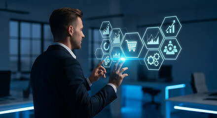 Digital Marketing Businessman Using Futuristic Analytics Dashboard