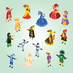 Fototapeta premium Colorful Flat Illustration of Carnival Masquerade Costume and Mask Character Collection