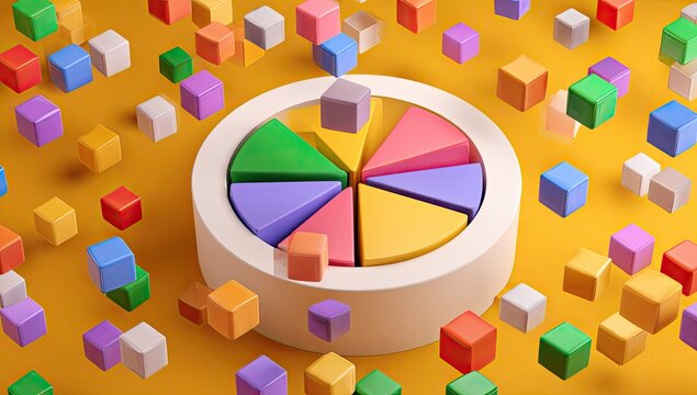 Colorful pie chart surrounded by small colorful cubes on a vibrant yellow background