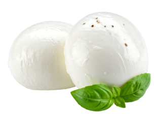 Two fresh mozzarella balls, light white color, topped with pepper flakes, and with fresh basil leaves