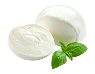 Fresh mozzarella ball and slices, basil leaves