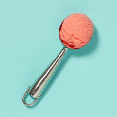 Pink ice cream scoop on a teal background