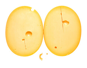 Two slices of hard cheese, pale yellow, showing cracks and holes