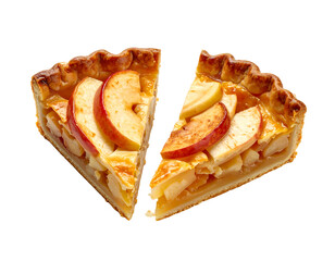 Two slices of apple pie, golden crust, sliced apples