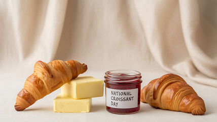 Croissants, butter, and jam arranged for National Croissant Day celebration