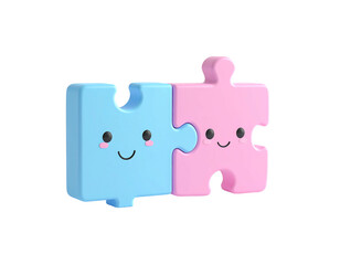 Two cartoon puzzle pieces, light blue and pink, with cute faces