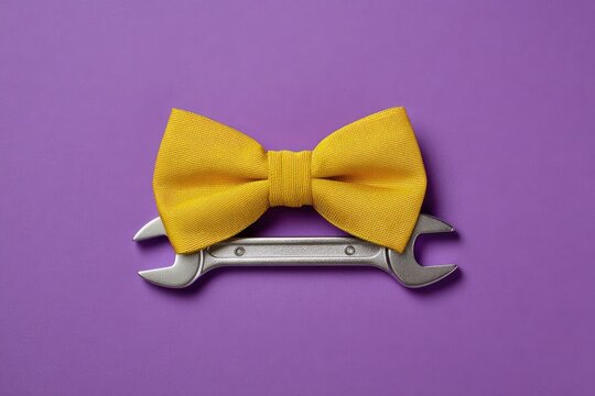 A yellow bow tie atop a silver wrench