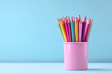 Obraz premium Colored pencils in a pink cup against a blue background