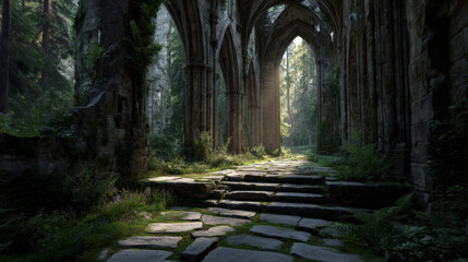 Ancient stone path leads through serene gothic ruin, surrounded by lush greenery and soft sunlight, evoking sense of tranquility and mystery