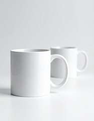 Obraz premium Two minimalist white ceramic mugs against a pristine, bright background, offering a clean template for branding, custom designs, and beverage display mockups