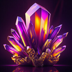 Radiant Violet and Orange Magical Crystal Cluster on Reflective Glass Surface