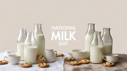 National Milk Day celebration with glass bottles, cups, and cookies arranged on a table